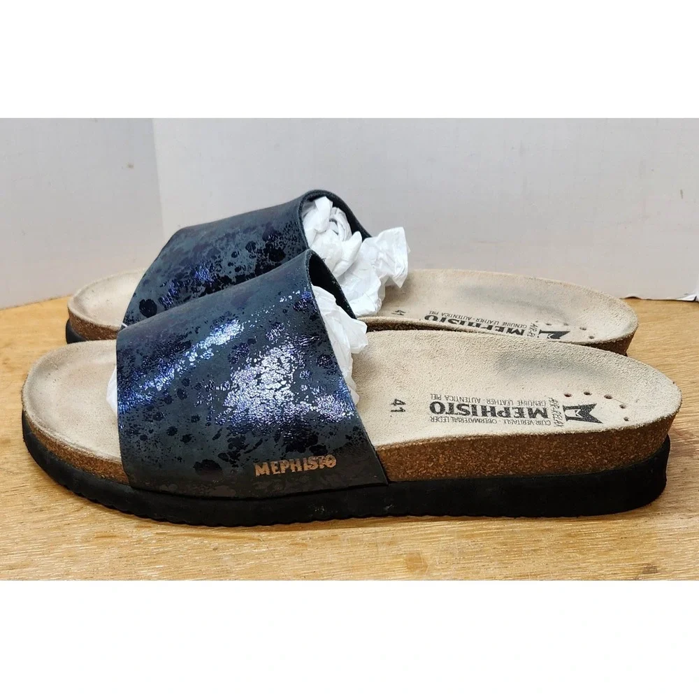 Mephisto Agave Metallic Blue Splatter Leather Slide Sandals Navy Mens 41